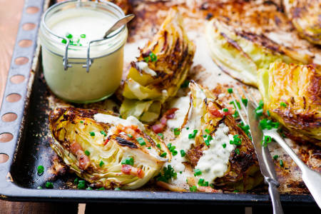 Grilled cabbage  with  cheese sauce.